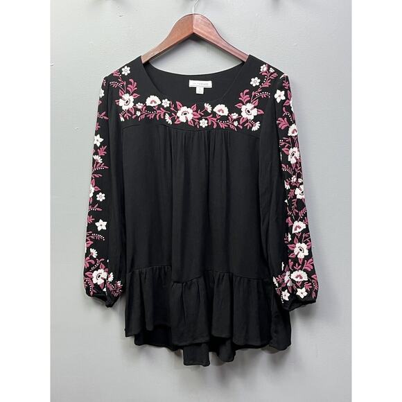 LA THREADS Top Womens small black peassant boho embroidered top Floral ruffles - Picture 1 of 7